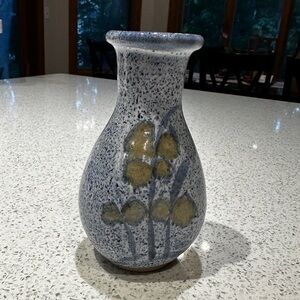 Vintage Blue Speckled Studio Pottery Vase with Floral Detail